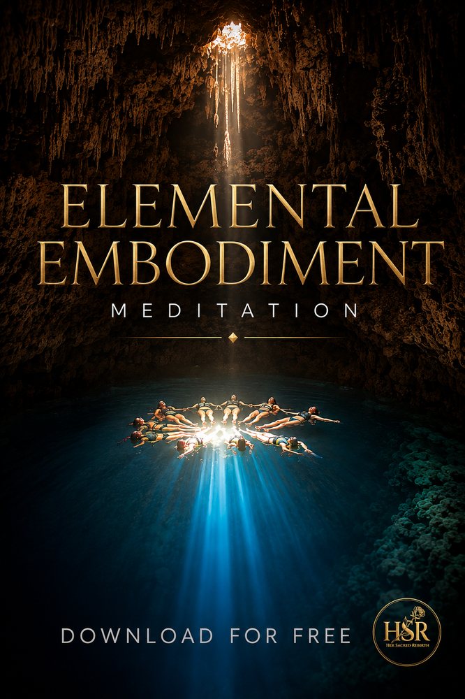Elemental Embodiment Meditation cover art: sisters floating in a circle in the cave cenote beneath a single column of light