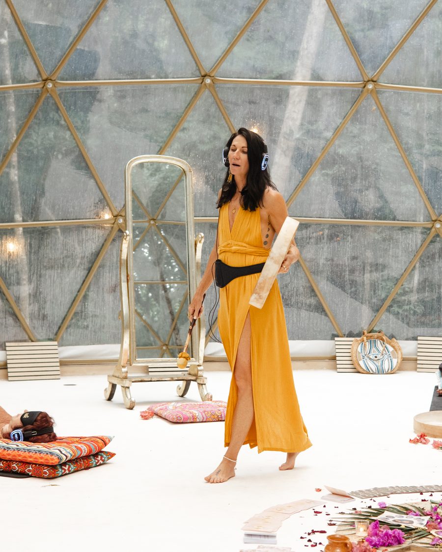 Bre walking the circle with selenite while the sisters rest under eye masks